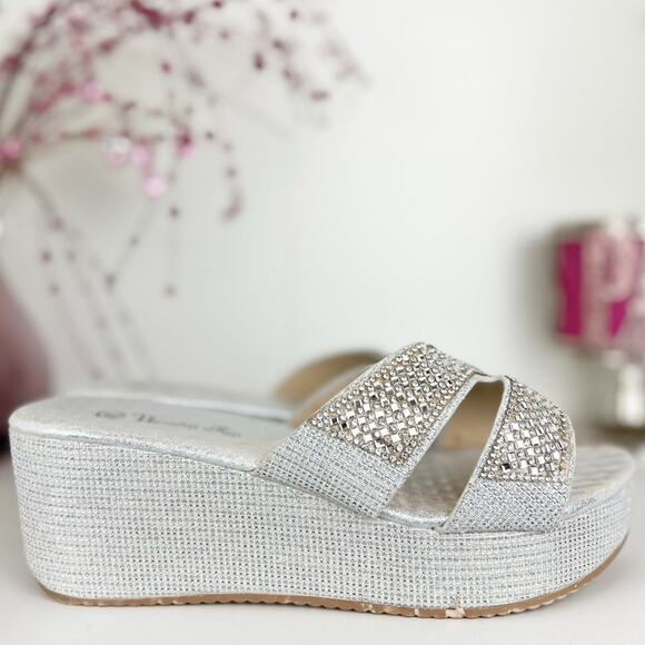 Verano Rio Rhinestone Embellished Platform Wedge Heel Slide Sandal Silver Size 8 - Picture 2 of 13